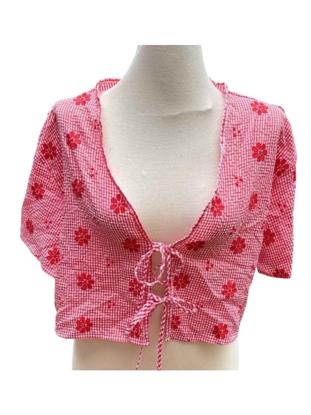 Red Gingham Crop Top With Floral Embroidery & Tie Front Size Large Summer